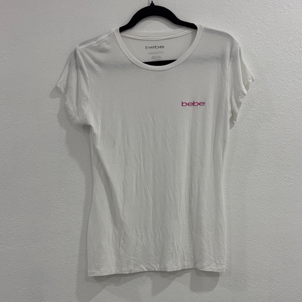 Bebe White Tee with Pink Logo